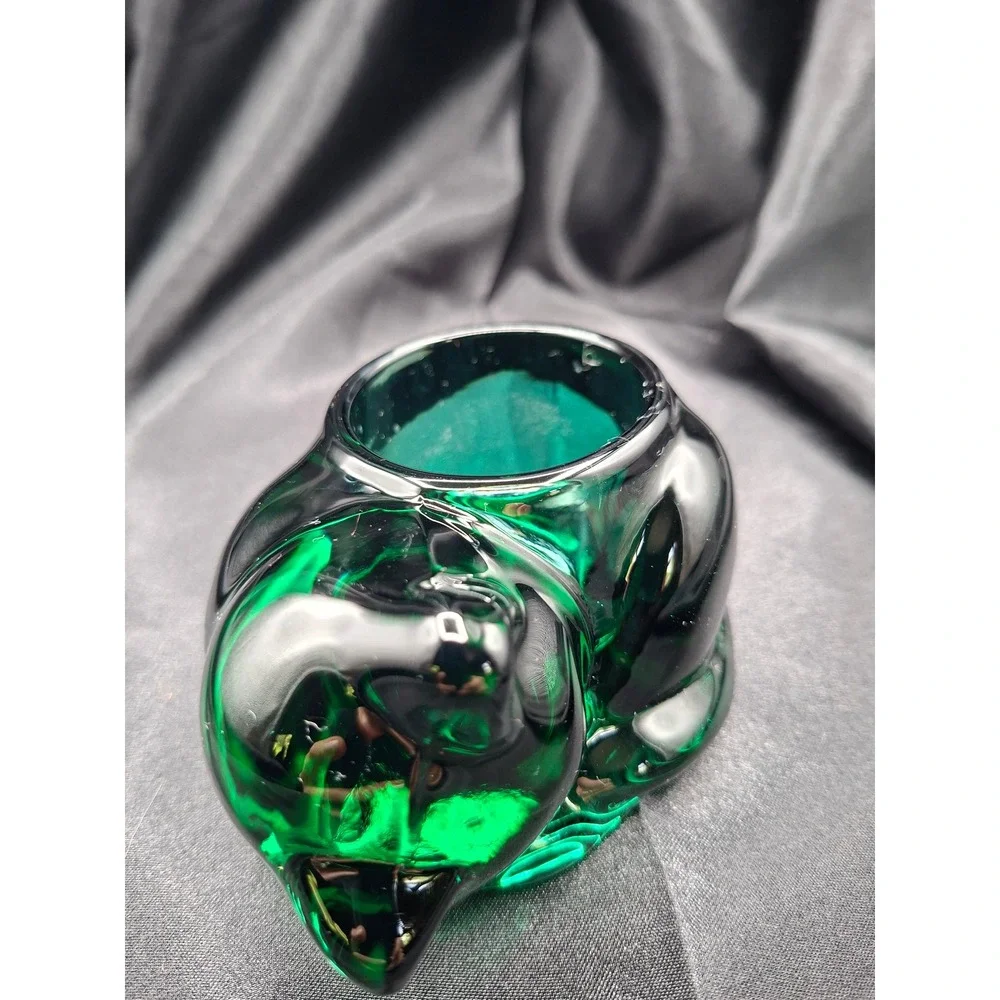 Vintage Emerald Green Art Glass Sleeping Cat Votive Candle Holder Figurine